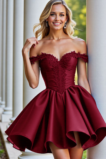 Off The Shoulder Burgundy A Line Appliqued Homecoming Dress